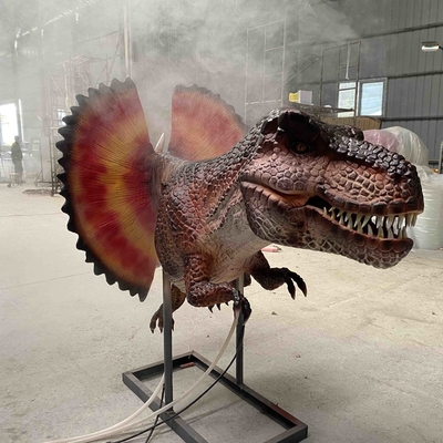 Dinosaurio realista animatrónico Dilophosaurus cabeza con efecto de humo